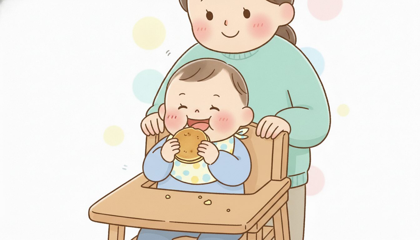 ベビーチェアに座り、小さな手でオートミールのおやきをつかんで口に運ぼうとする笑顔の赤ちゃん、後ろで見守る親の温かい眼差し