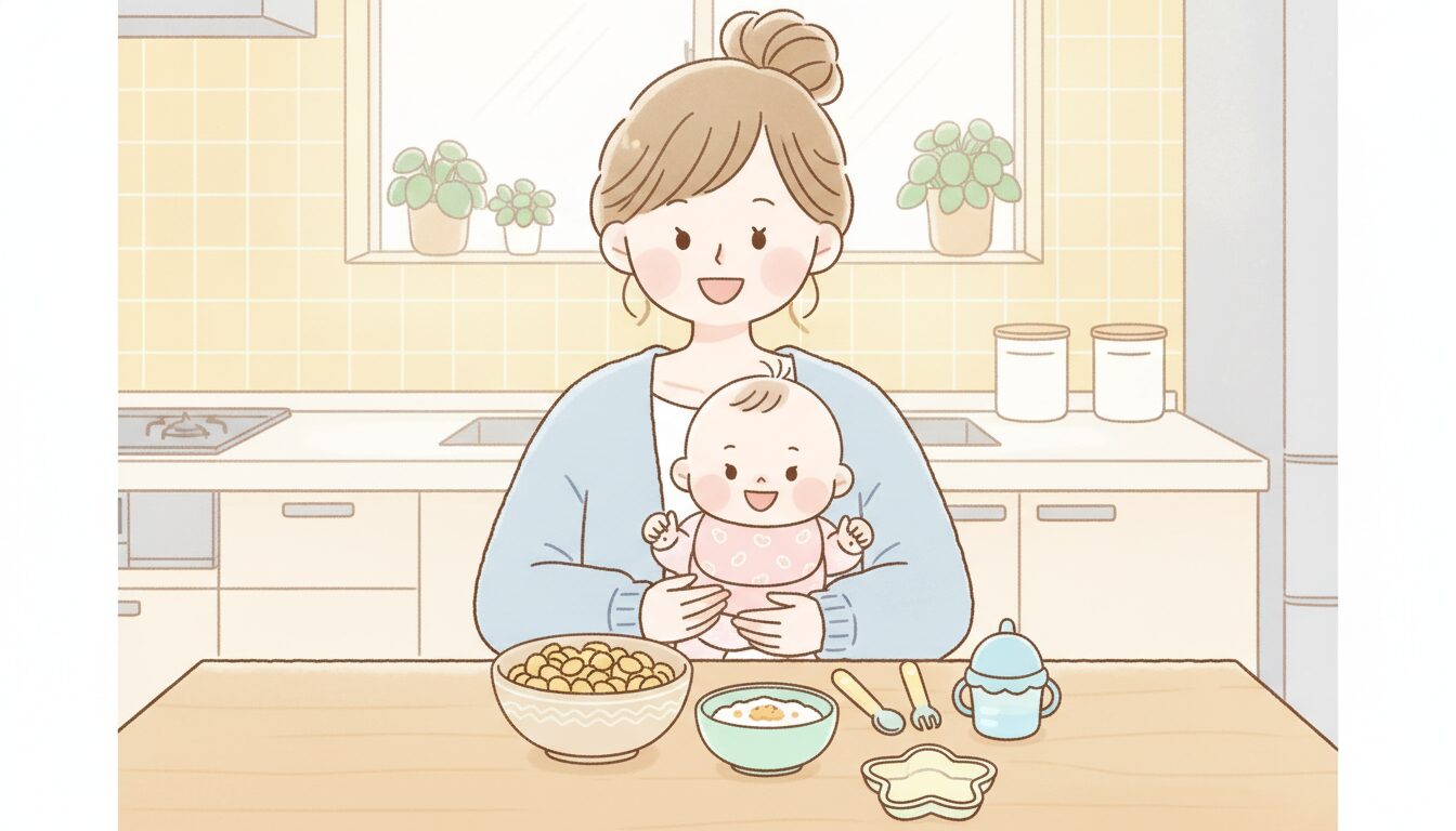 明るいキッチンでボウルに入ったコーンフレークと離乳食の食器を前に微笑む母親と赤ちゃん
