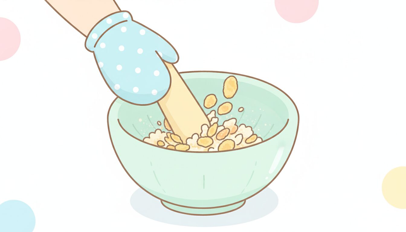 すり鉢でコーンフレークを細かく砕いている手元のクローズアップ