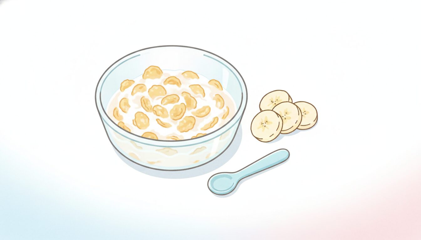 電子レンジ用の耐熱容器でふやかされたコーンフレークとバナナが並んだ離乳食の準備風景