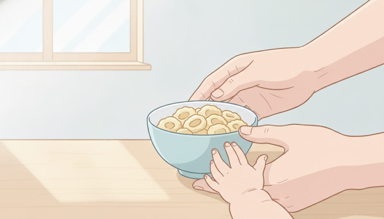 明るいキッチンで小さな器に入ったやわらかいパスタを赤ちゃんに食べさせようとする親の手元