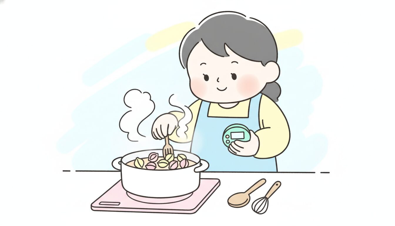 鍋でパスタを茹でながらキッチンタイマーを確認する親の様子
