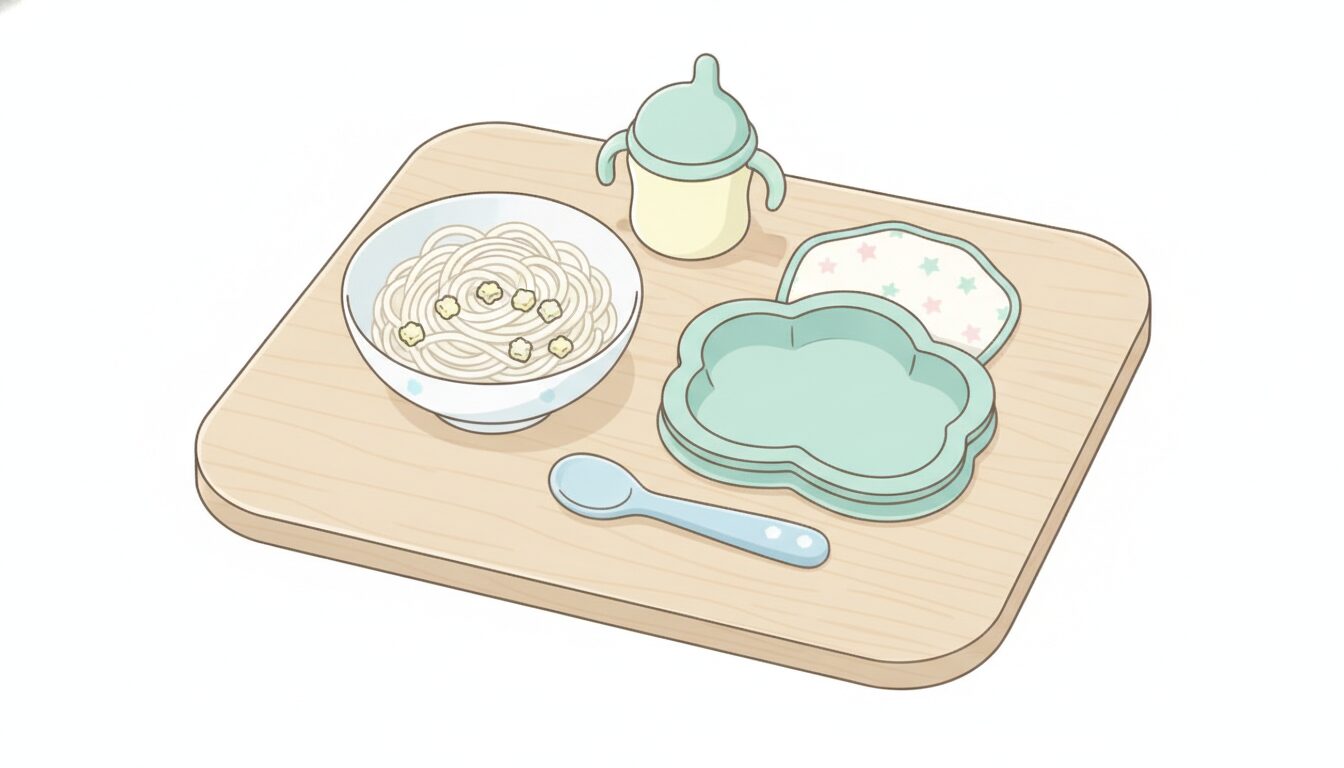 木のテーブルに置かれた小鉢に盛られた柔らかく茹でたそうめんと、赤ちゃん用のスプーンや食器が並ぶあたたかい雰囲気の食卓