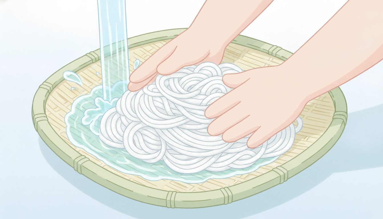 ザルに上げたそうめんを流水でやさしく揉み洗いしている調理中の手元のクローズアップ