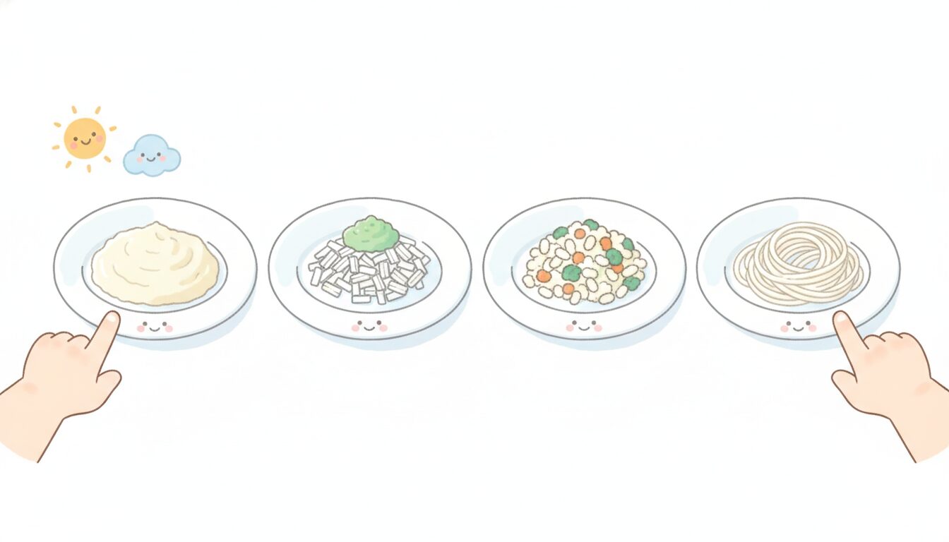 月齢ごとに大きさを変えたそうめんを小皿に並べて比較している様子、ペースト状から刻んだものまで段階的に配置