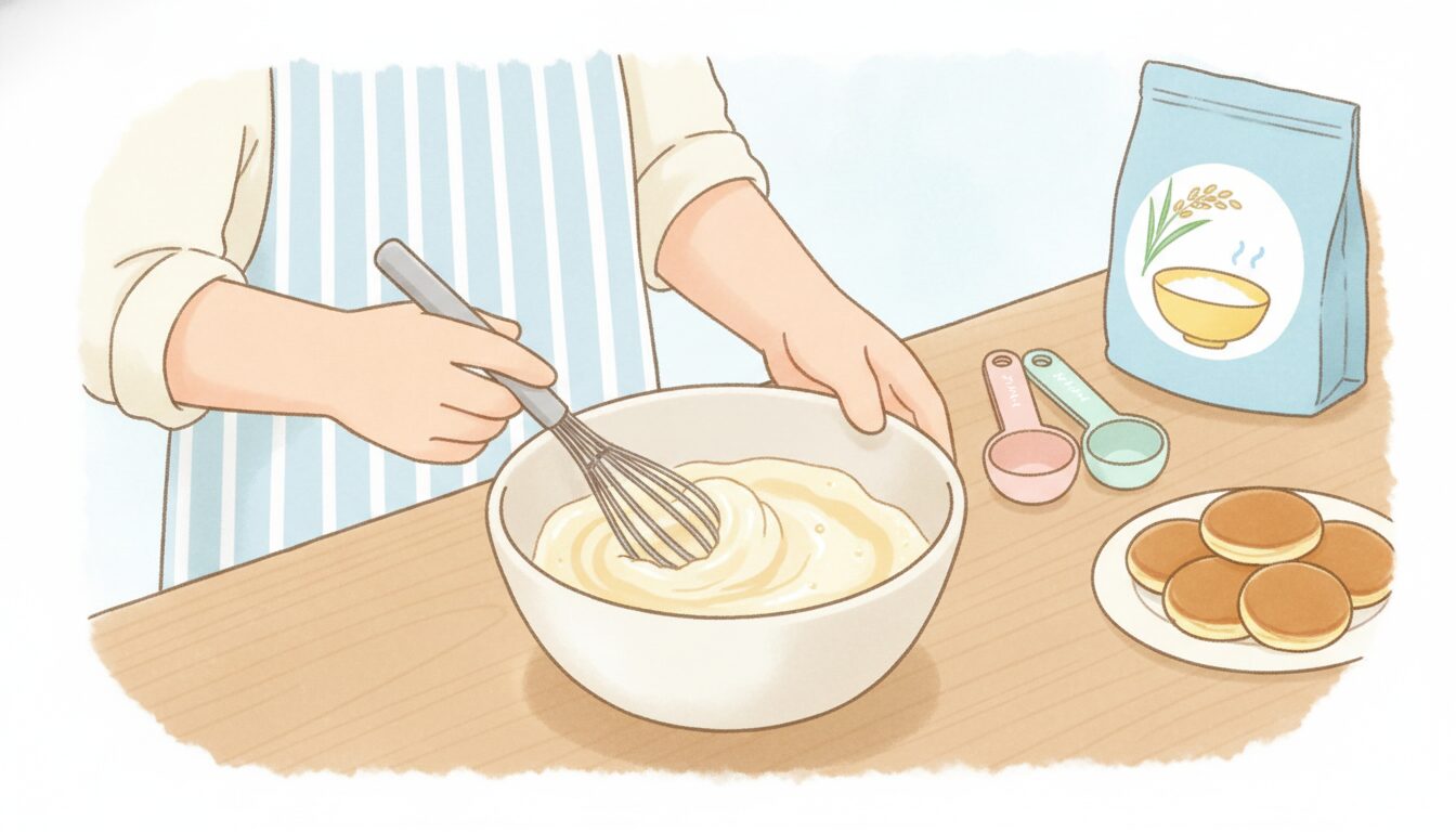ボウルの中で泡立て器を使って薄力粉とベーキングパウダーの生地を混ぜている手元、キッチンに計量スプーンや米粉の袋が並ぶ様子