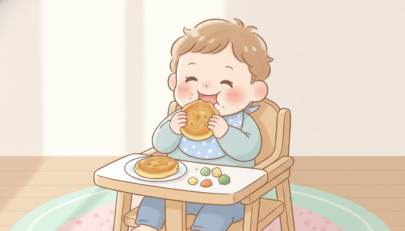 高椅子に座った1歳くらいの赤ちゃんが手づかみでおやきを食べている微笑ましいシーン