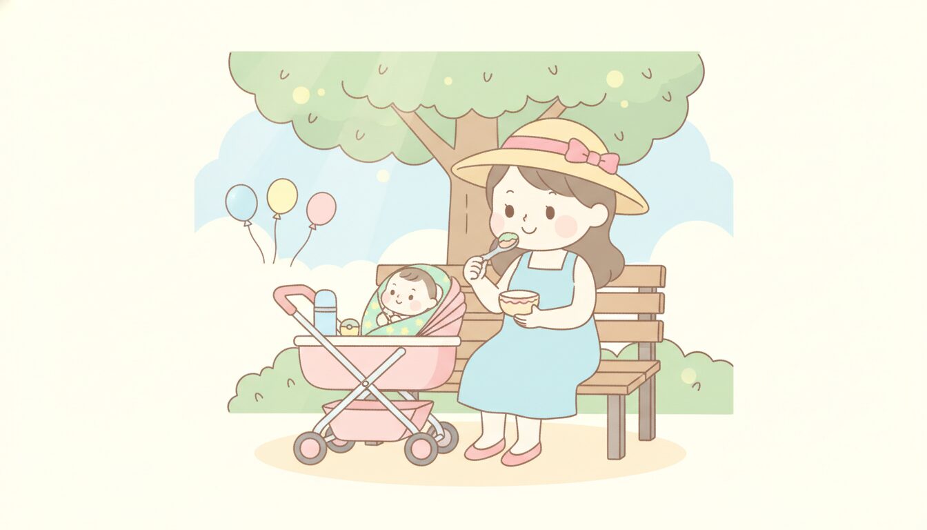 公園のベンチでベビーカーの赤ちゃんに離乳食を食べさせる笑顔の母親、明るい日差しの午後