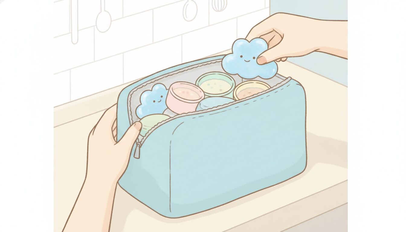 保冷バッグに小分けした離乳食容器と保冷剤を入れる母親の手元、キッチンの清潔な背景