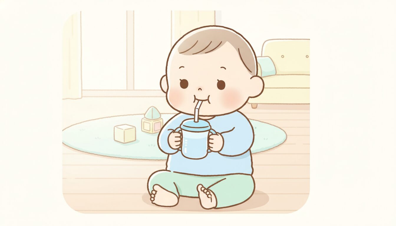 ストローマグを両手で持って笑顔で飲む生後8ヶ月ごろの赤ちゃん、明るいリビングの床に座っている様子