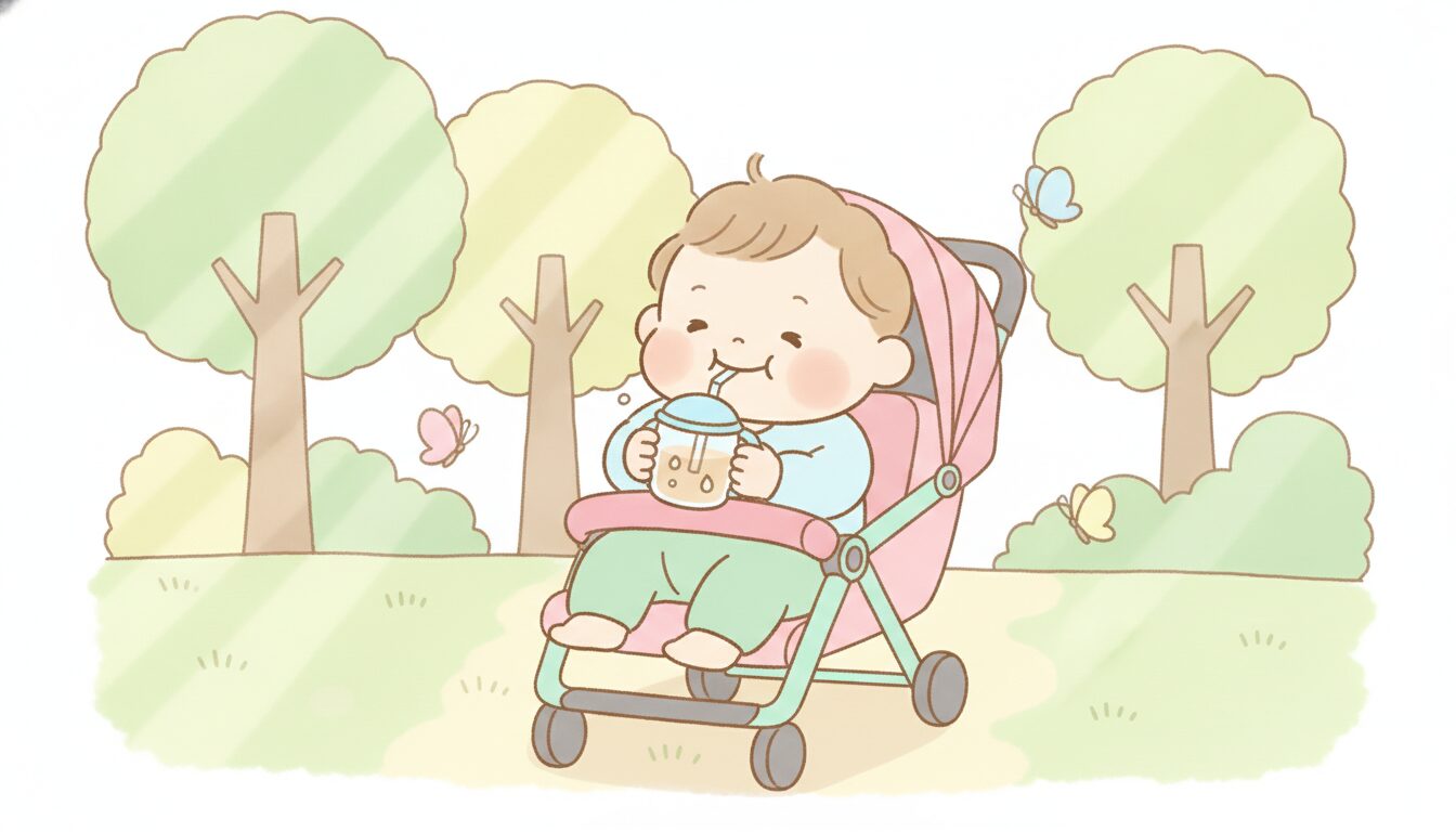 公園でベビーカーに乗った赤ちゃんがストローマグで麦茶を飲んでいる、木漏れ日の差し込む夏の風景