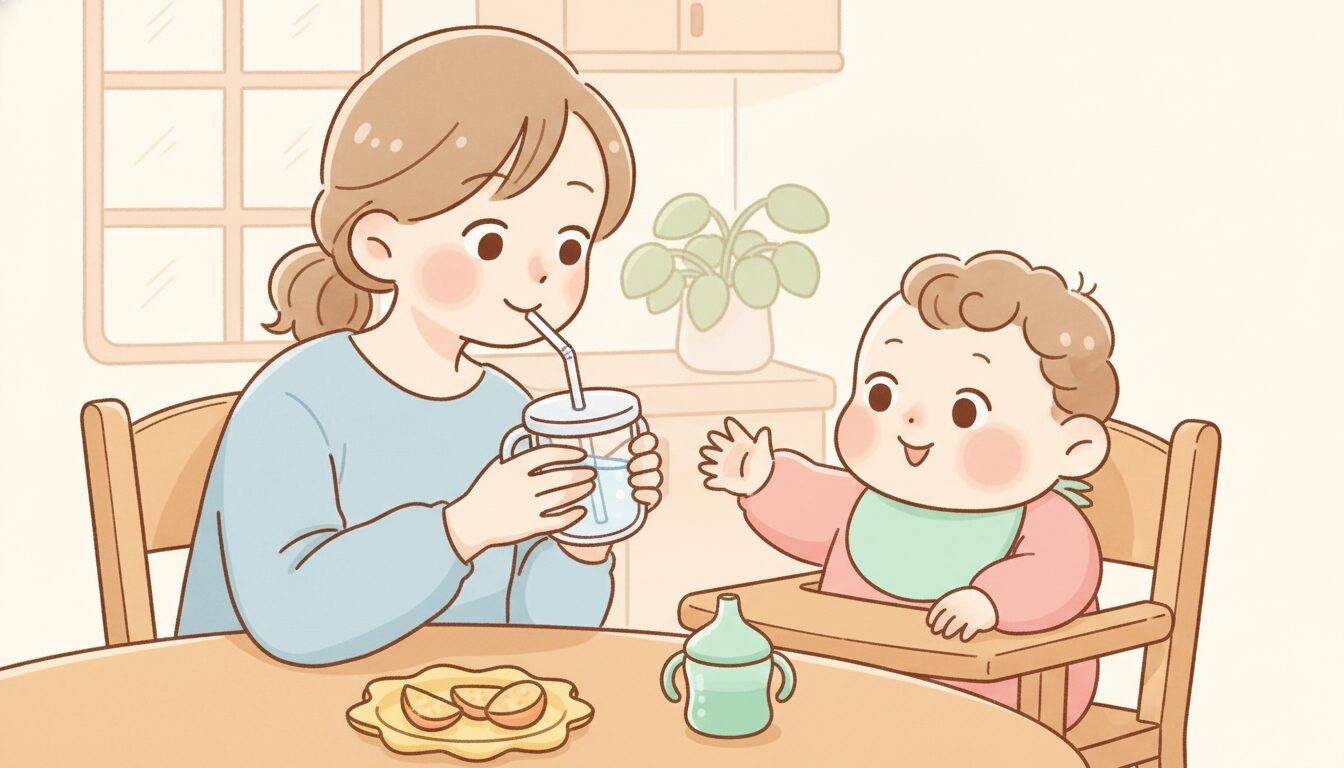 ママが透明なストローで飲む様子を興味深そうに見つめる赤ちゃん、あたたかい雰囲気のダイニングテーブル