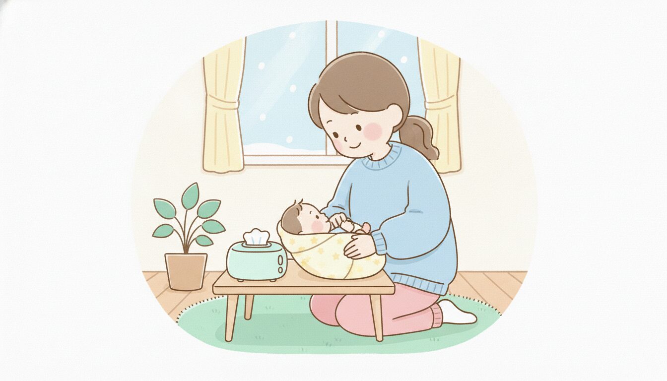 冬の室内でおむつ替えをしながら赤ちゃんに優しく微笑みかける母親、あたたかい雰囲気