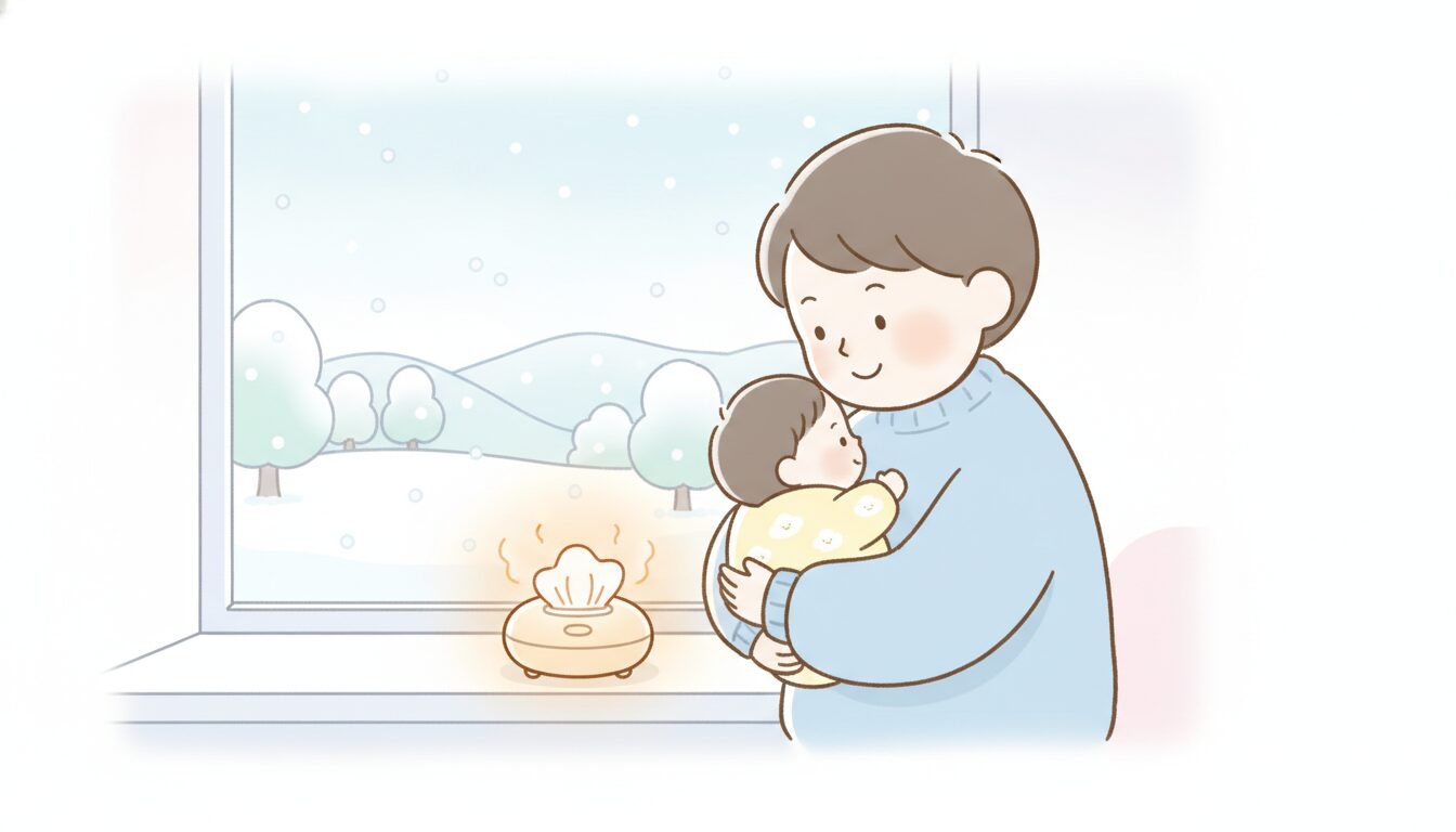 冬の窓辺で赤ちゃんを抱っこしながら安心した表情を浮かべる親子