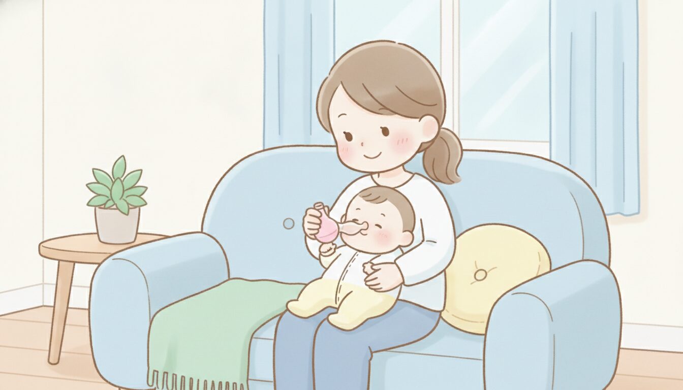 リビングのソファで赤ちゃんを膝に乗せ、優しく鼻吸い器を使う笑顔の母親