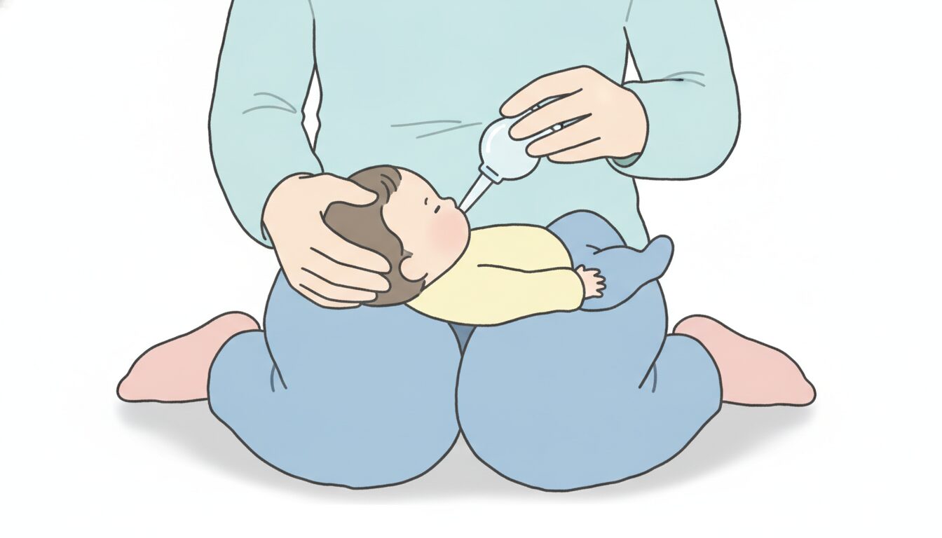 床に座り足の間に赤ちゃんを寝かせて頭を膝で固定しながら鼻を吸う母親の手元アップ
