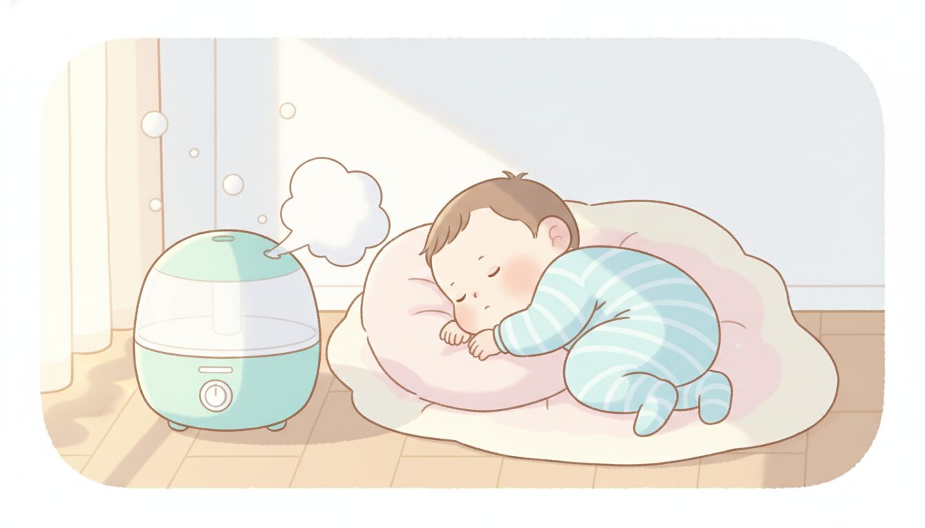 加湿器のそばで穏やかに眠る生後数か月の赤ちゃん、やわらかな自然光が差し込む部屋