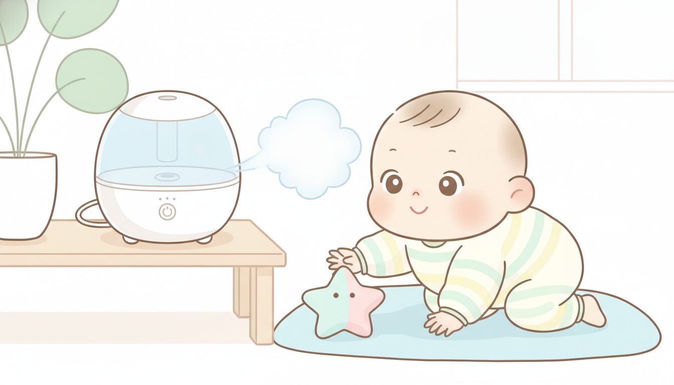 リビングの棚の上に置かれた白い加湿器と、その隣で遊ぶ1歳くらいの赤ちゃん