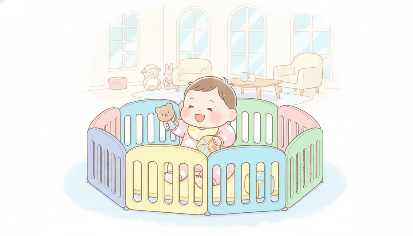 明るいリビングでベビーサークルの中で笑顔でおもちゃで遊ぶ生後8ヶ月ほどの赤ちゃん