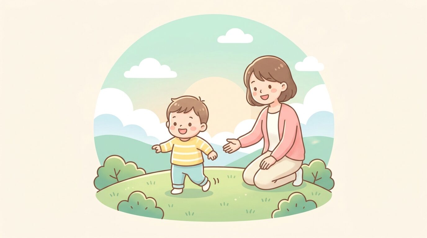 公園の芝生の上でよちよちと歩く1歳半くらいの子どもと、笑顔で見守る母親の温かい親子の様子