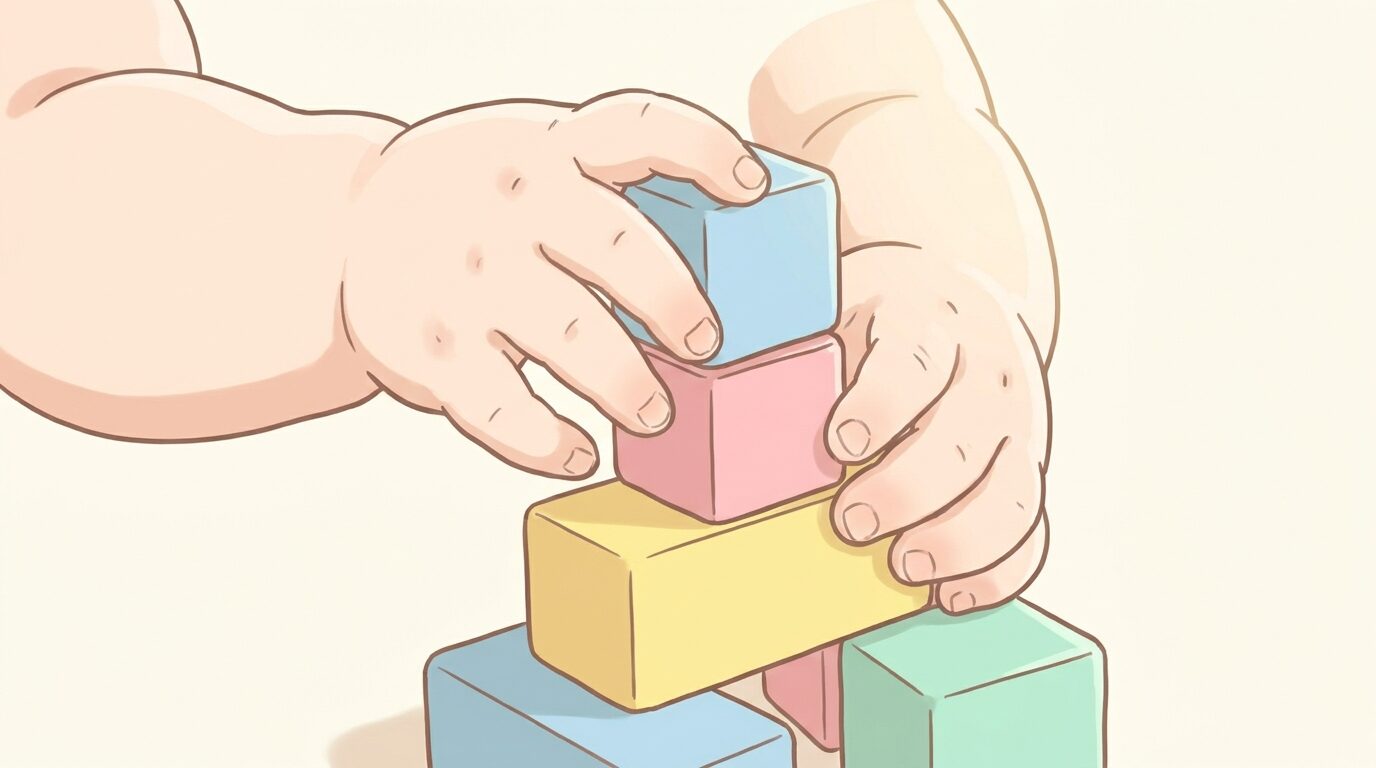 木製の積み木を集中して積み上げようとしている1歳半の子どもの小さな手元のクローズアップ