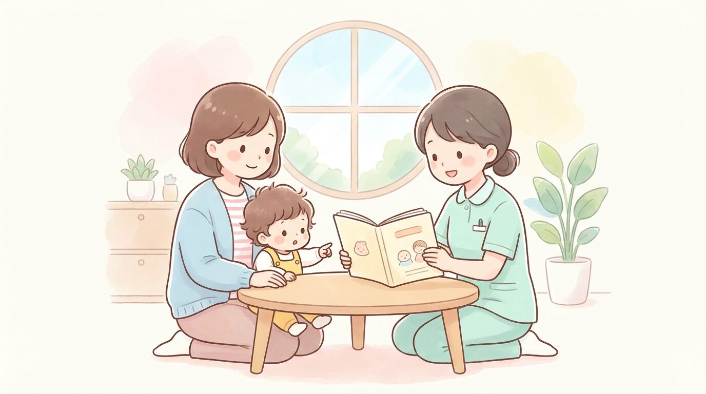 自治体の保健センターで、保健師と向き合いながら母子健康手帳を見て相談する母親と幼児の様子