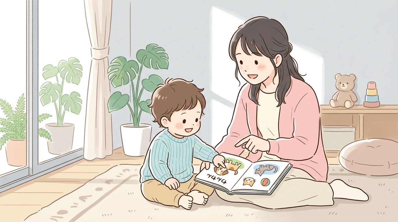 リビングの明るい光の中で、お母さんが「ワンワンだね」と優しく声をかけながら、赤ちゃんが絵本のイラストを元気に指差している日常のワンシーン