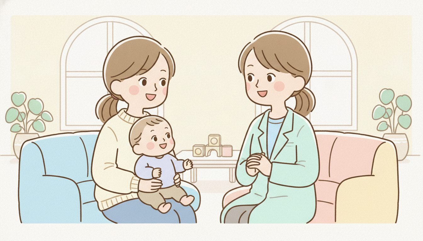 1歳半健診の明るい待合室で、お母さんの膝の上で安心して微笑みながら、優しそうな小児科医の先生とアイコンタクトをとっている赤ちゃんの様子