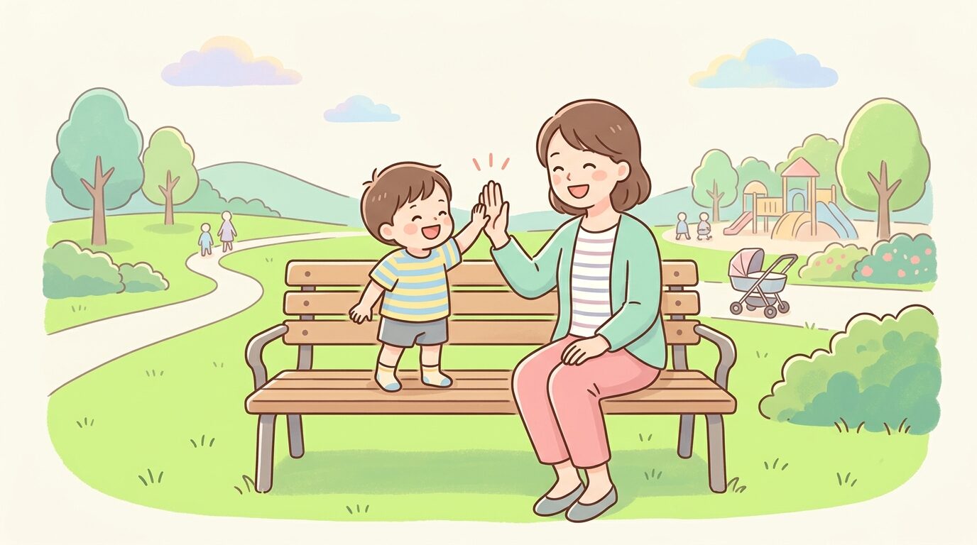 芝生が青々と茂る公園のベンチで、お母さんと1歳半の男の子が満面の笑みでハイタッチを交わし、温かな親子の時間を楽しんでいる様子