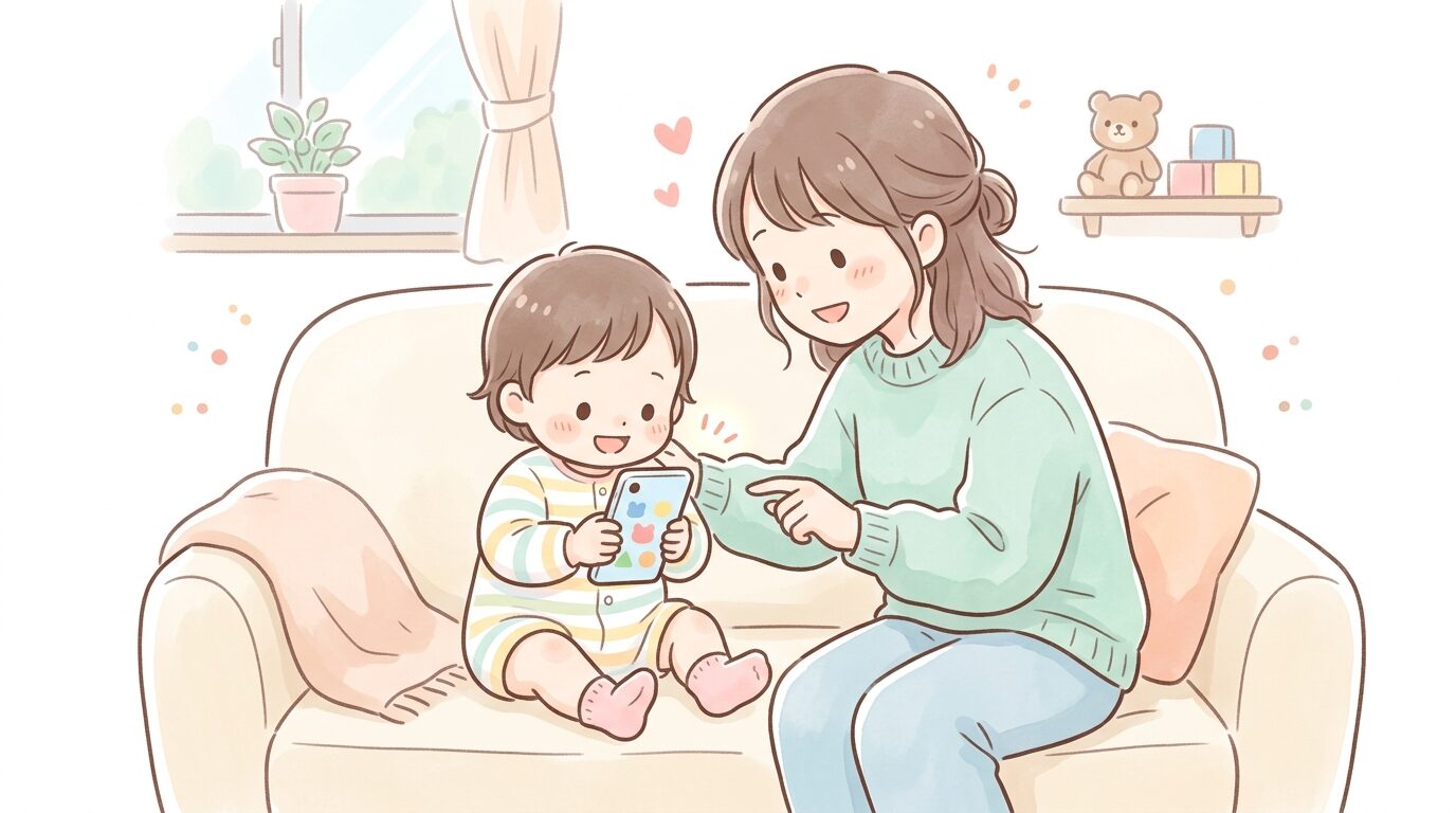 リビングのソファでスマートフォンを見つめる1歳児と、優しく見守りながら話しかける母親の姿