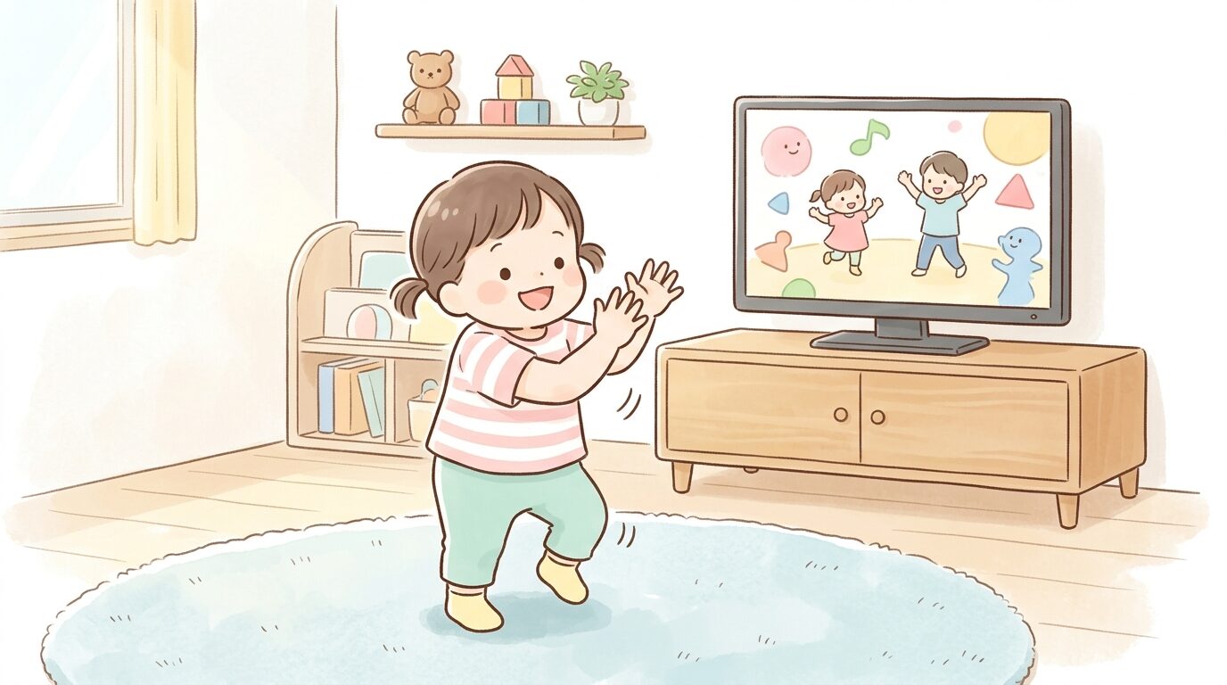明るい部屋の中で、テレビ画面から適切な距離をとって元気に手遊びダンスを踊る1歳半の幼児