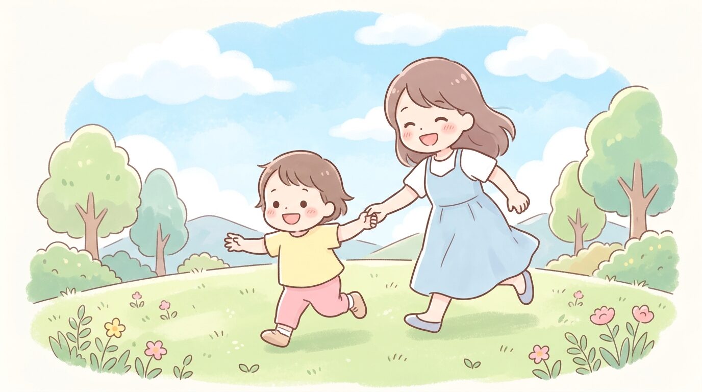 青空の下、公園の芝生の上で笑顔でかけっこをしながら親とふれあう 1歳児の親子