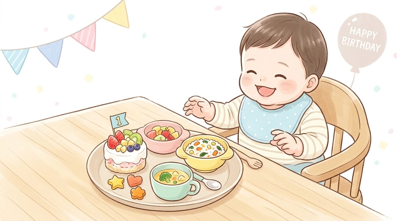 テーブルの上に並べられた、色とりどりの1歳の誕生日お祝い離乳食プレートと楽しそうな赤ちゃんの笑顔