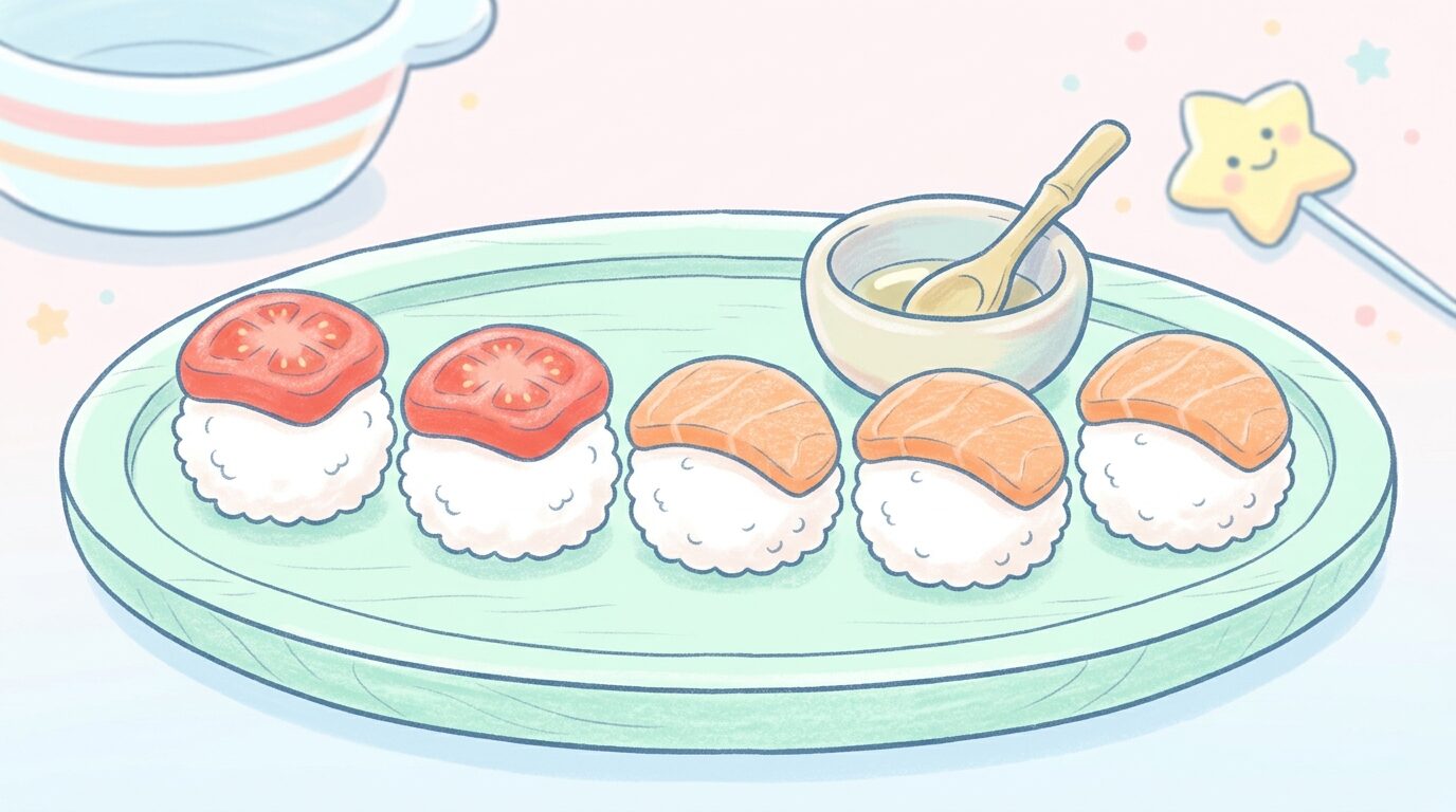 トマトをマグロに, 人参をサーモンに見立てた, 一口サイズで可愛らしい赤ちゃん寿司のクローズアップ写真