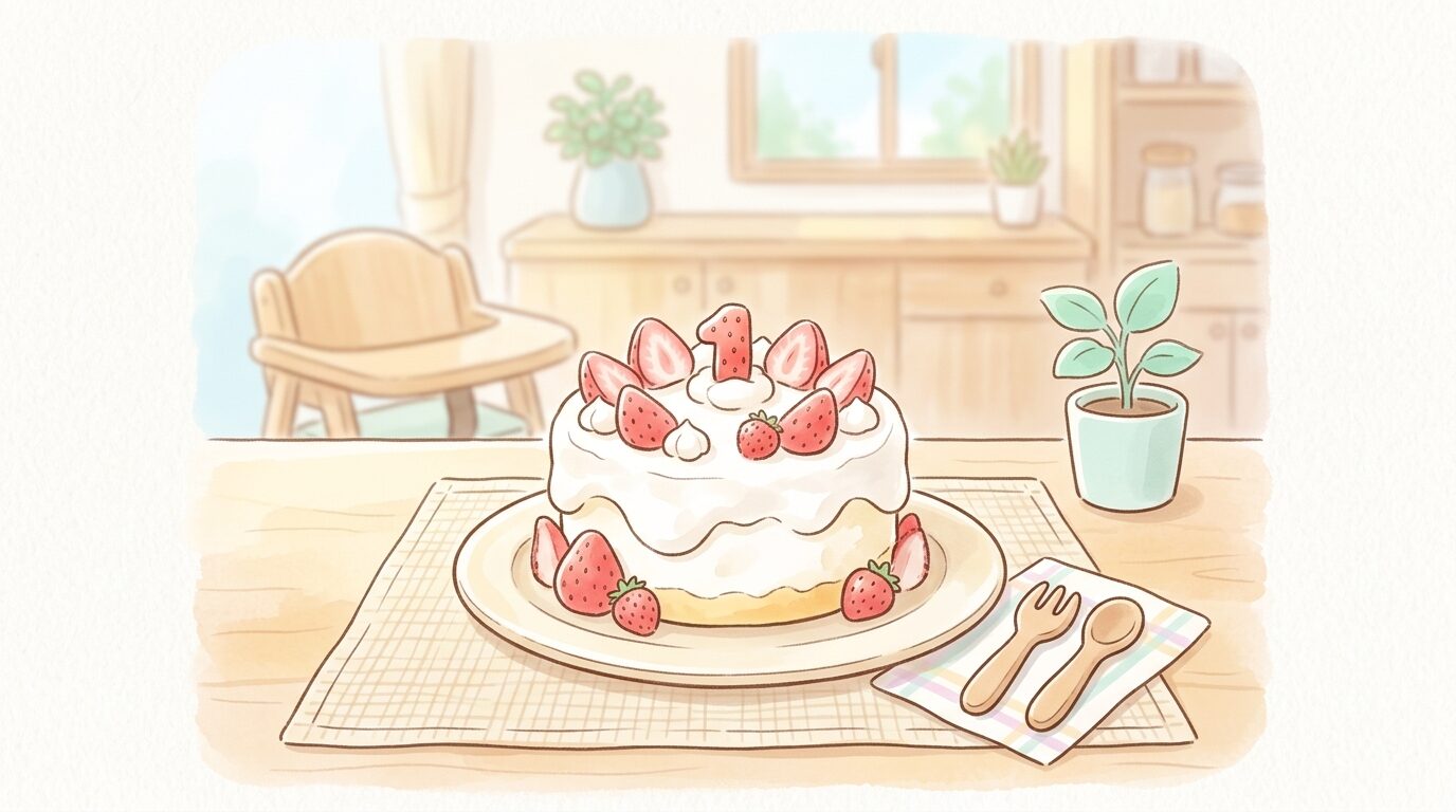水切りヨーグルトとイチゴで作られた手作りの1歳用誕生日ケーキの、温かみのあるナチュラルな写真
