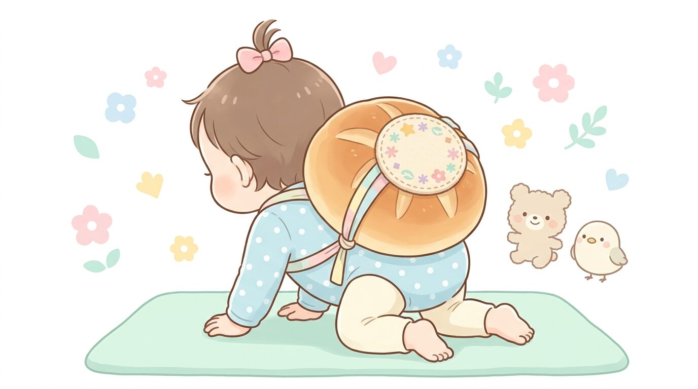大きな名前入りの一升パンを背負ってハイハイする1歳の赤ちゃんの愛らしい後ろ姿