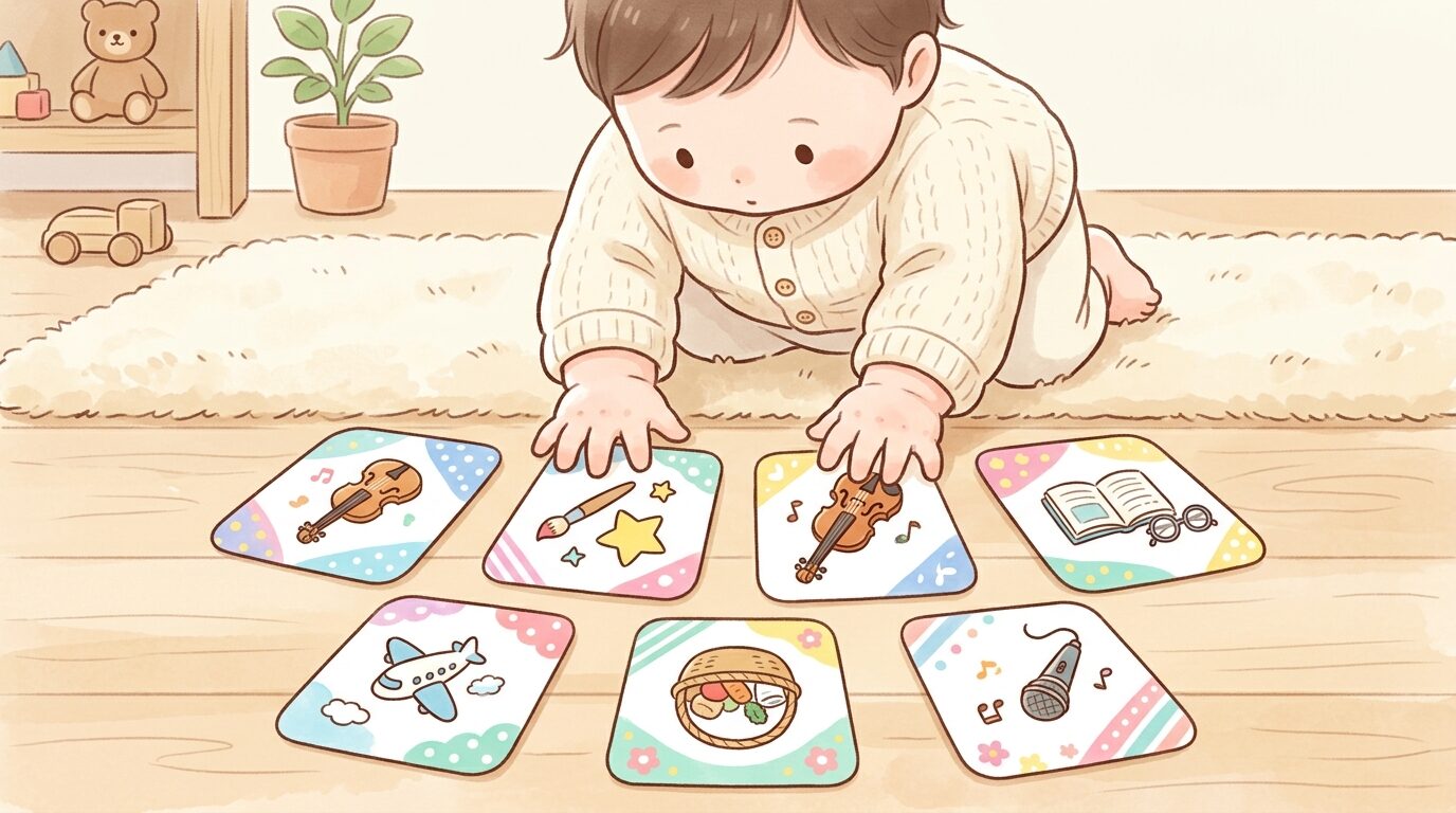 カラフルでおしゃれなデザインの選び取りカードを床に並べ、どれにしようか迷っている赤ちゃんの小さな手元