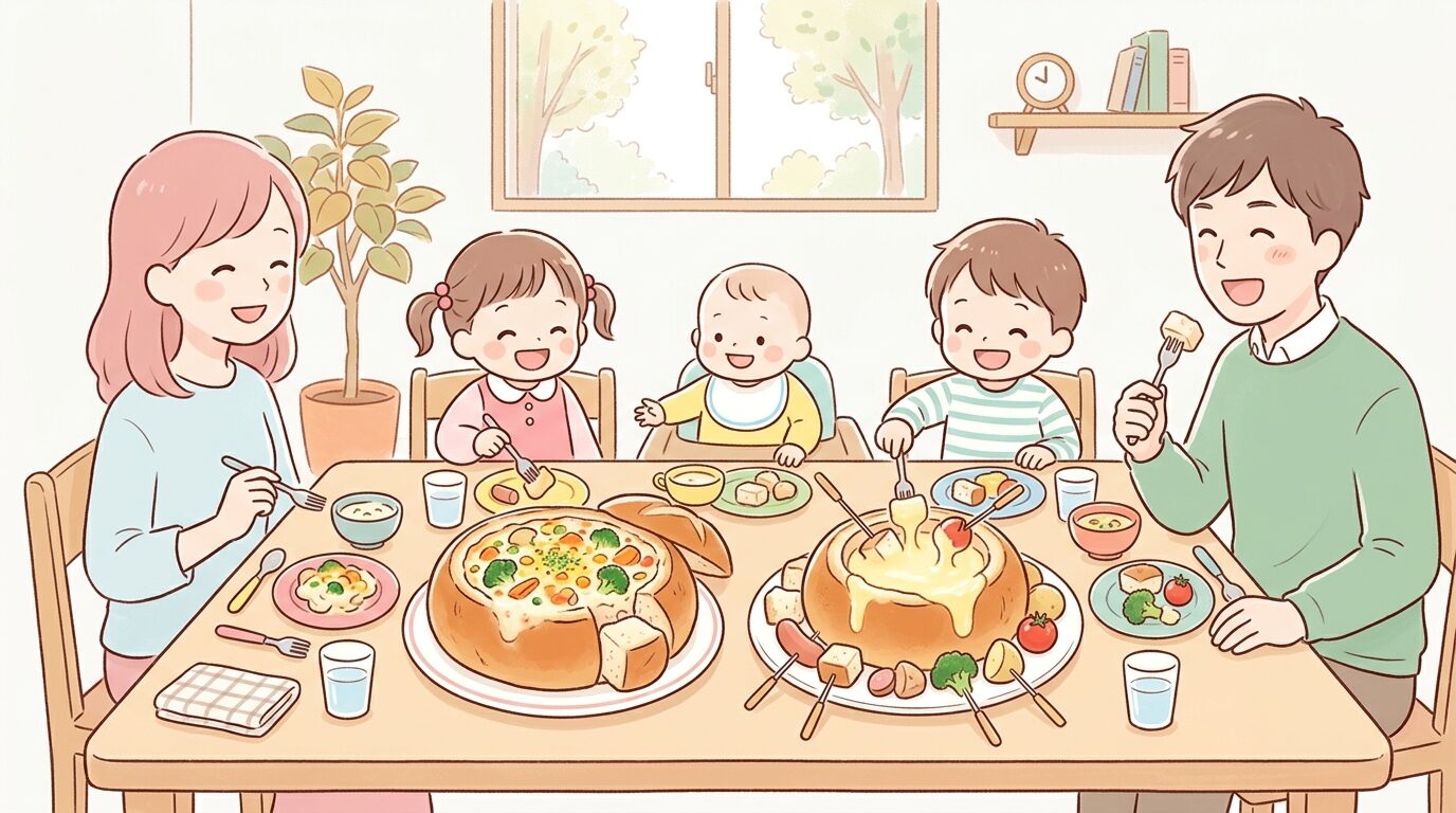 スライスした一升パンをくり抜いて作った、華やかなパングラタンとチーズフォンデュを囲む家族の食卓