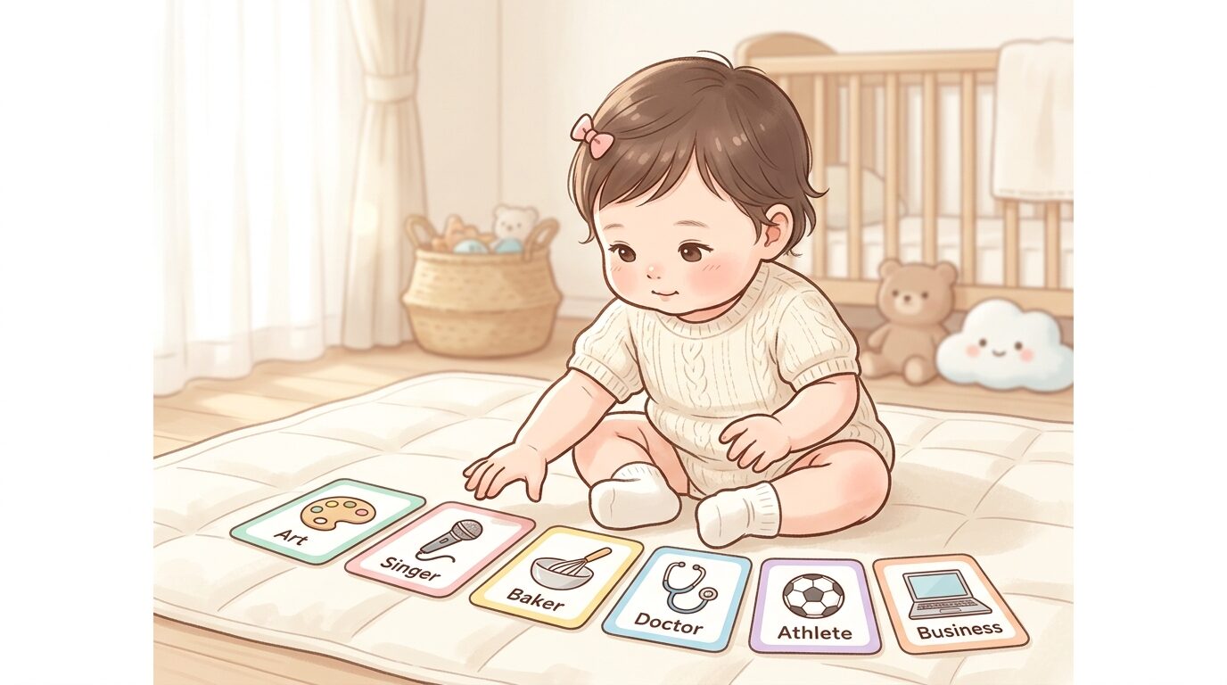 パステルカラーの選び取りカードが並び、その前で赤ちゃんがどれにしようか迷っている愛らしい様子