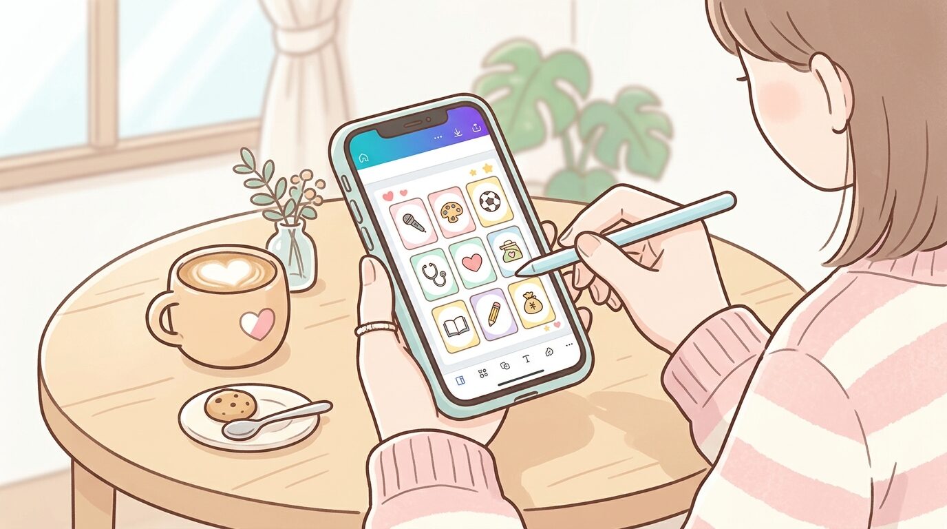 カフェテーブルの上で、スマートフォンを見ながらCanvaを使ってオリジナルの選び取りカードをデザインしているママの手元