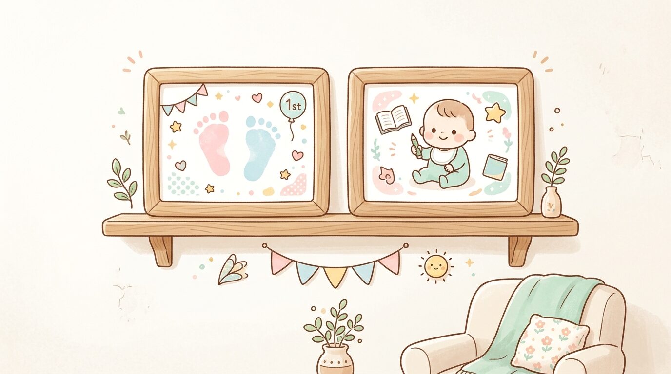 リビングの壁に、赤ちゃんの1歳の足形アートと選び取りで選んだカードがおしゃれな木製フレームに飾られている様子