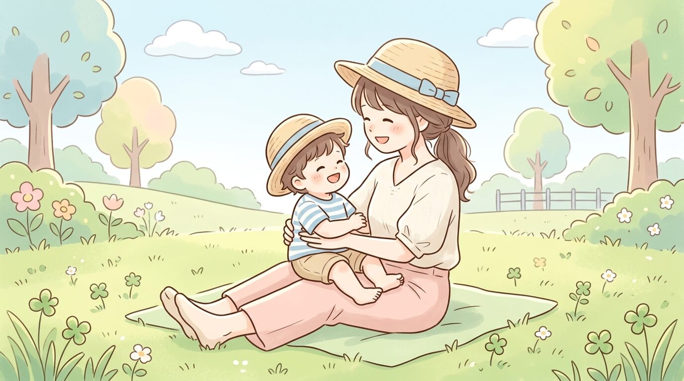 公園の芝生の上で、お揃いの麦わら帽子をかぶって笑顔で見つめ合う母親と1歳の男の子
