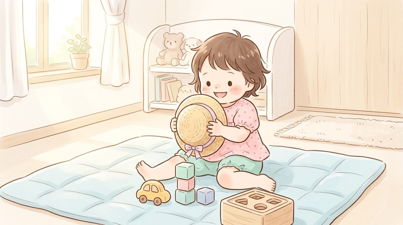 日差しが差し込むリビングで、小さな麦わら帽子を抱きしめながらおもちゃで楽しそうに遊ぶ1歳の女の子