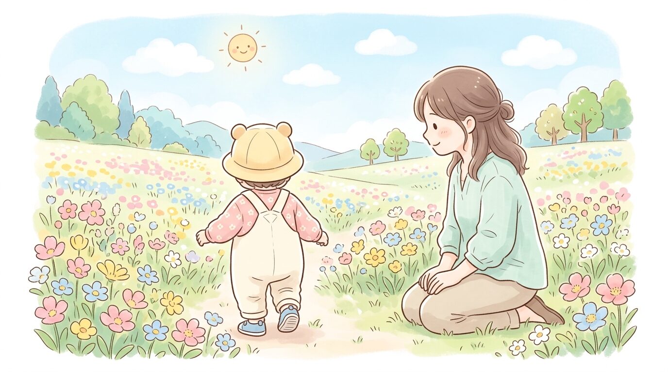 春の温かい日差しの中、お花畑をよちよち歩く1歳児の後ろ姿とそれを見守るお母さんの優しい横顔