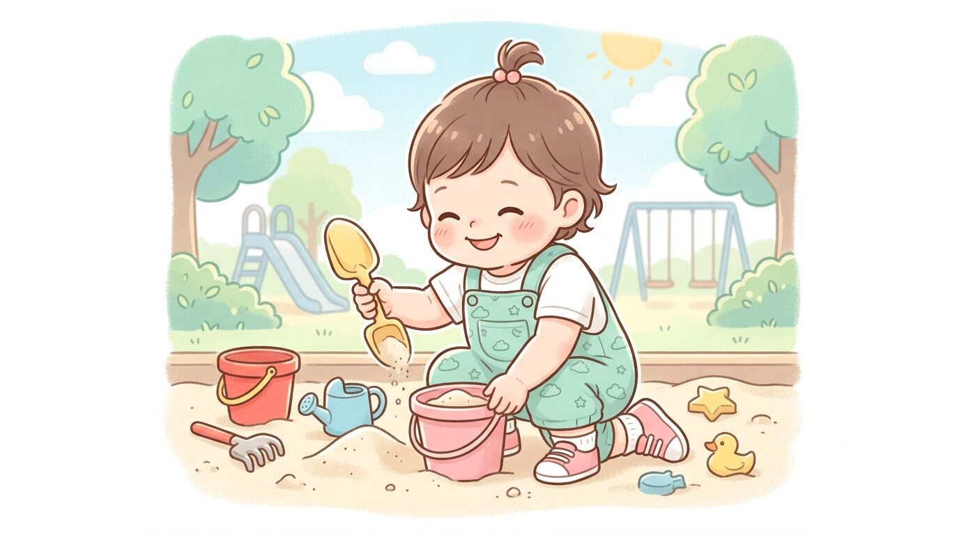 夏の公園で、砂遊び用のプレイウェアを着てシャベルで砂をすくう楽しそうな1歳児の笑顔