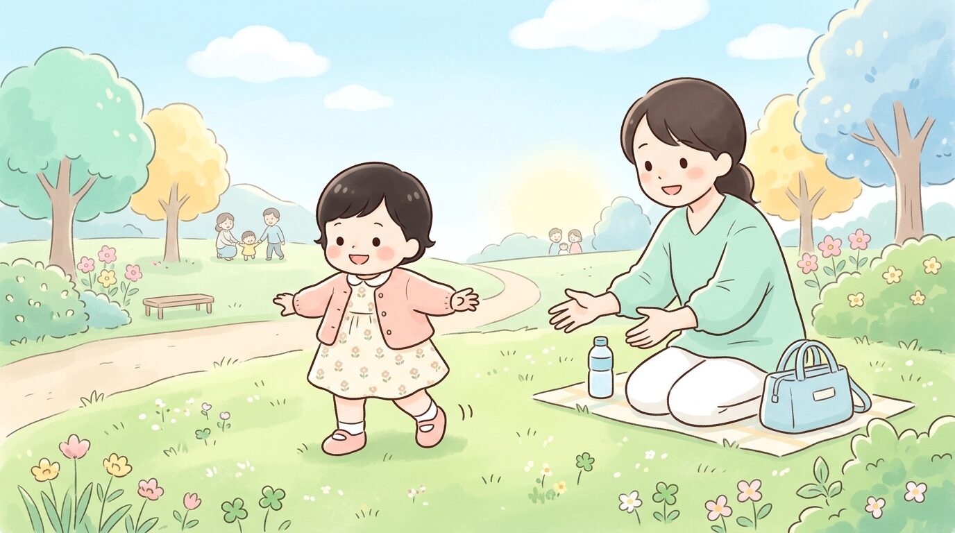 日差しを浴びながら芝生の上でよちよち歩きをする1歳の赤ちゃんと、それを笑顔で見守るお母さんの手元