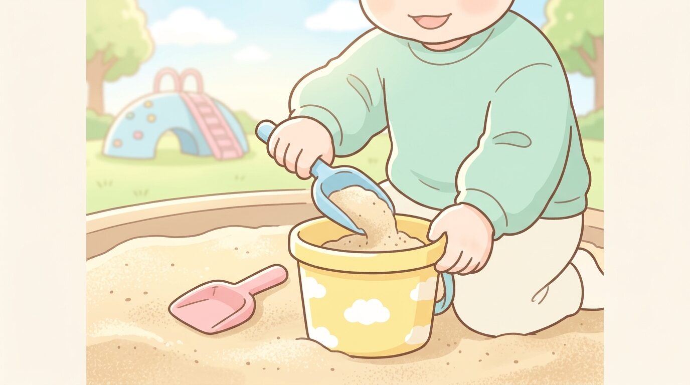 公園の明るい砂場で、カラフルなバケツやシャベルを使って一生懸命に砂をすくう1歳の幼児の手元