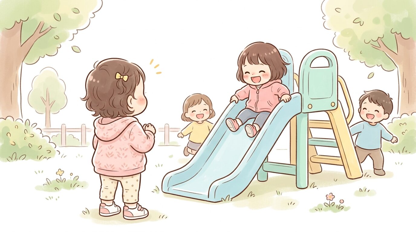公園の滑り台の前で、他のお友達が楽しそうに滑り降りる様子を、目を輝かせながらじっと見つめて順番待ちをしている1歳の女の子の後ろ姿