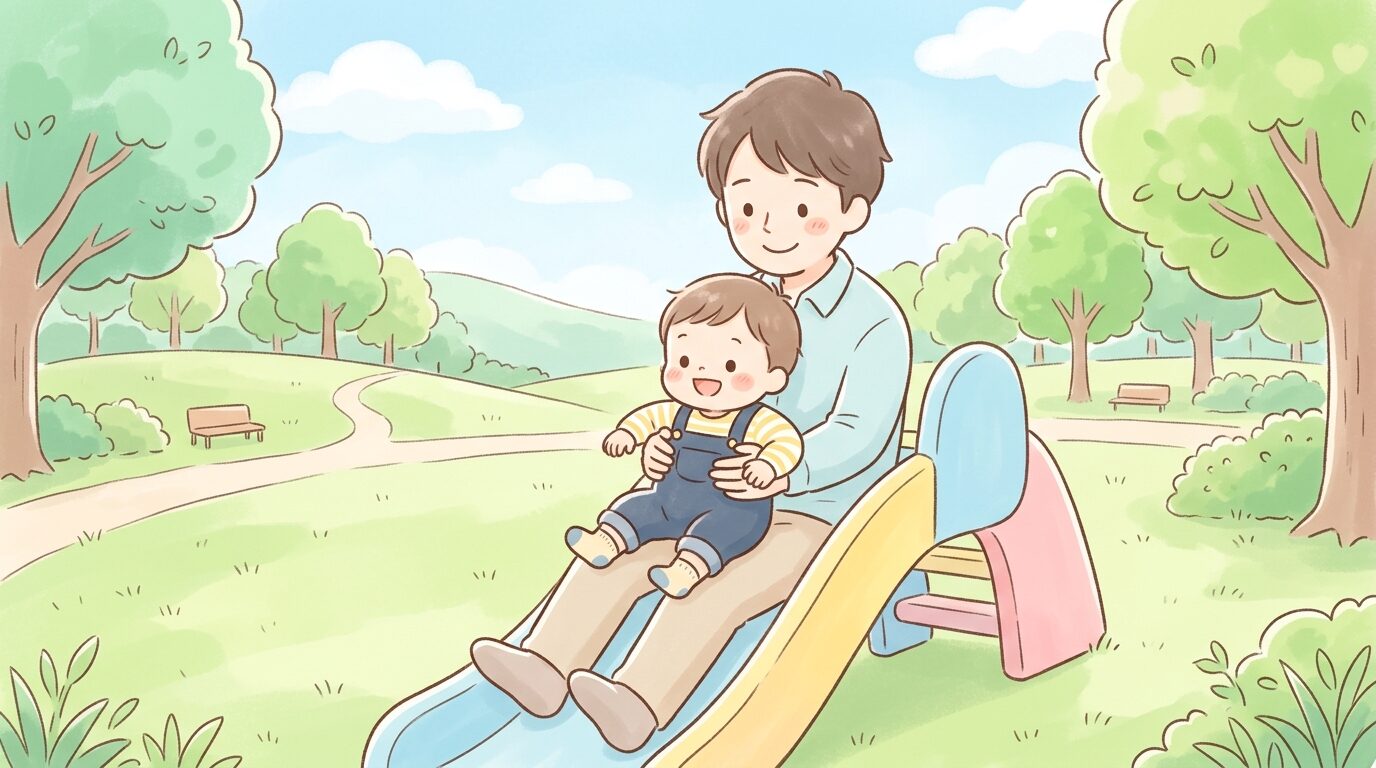 新緑が美しい広々とした公園で、優しい笑顔を浮かべた父親が、1歳の小さな男の子の体をしっかりと後ろから包み込むようにして安全に滑り台を滑るサポートをしている微笑ましい日常シーン