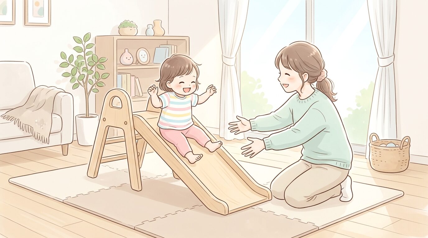 明るい日差しが差し込むシンプルで温かみのある北欧風のリビング。フローリングの上にベージュ色のジョイントマットが敷き詰められ、その中央に置かれた小さな木製の室内滑り台を、1歳半ほどの赤ちゃんが嬉しそうに自力で滑り降り、目の前で両手を広げて待つ母親の胸に笑顔で飛び込もうとしている様子
